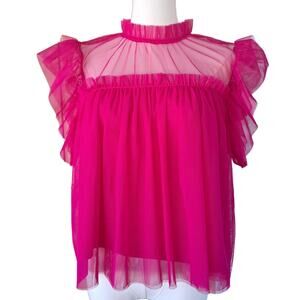 RACHEL ZOE Pink Tulle Mesh Ruffle Sleeve Top Medium Fuchsia Boxy Flowy